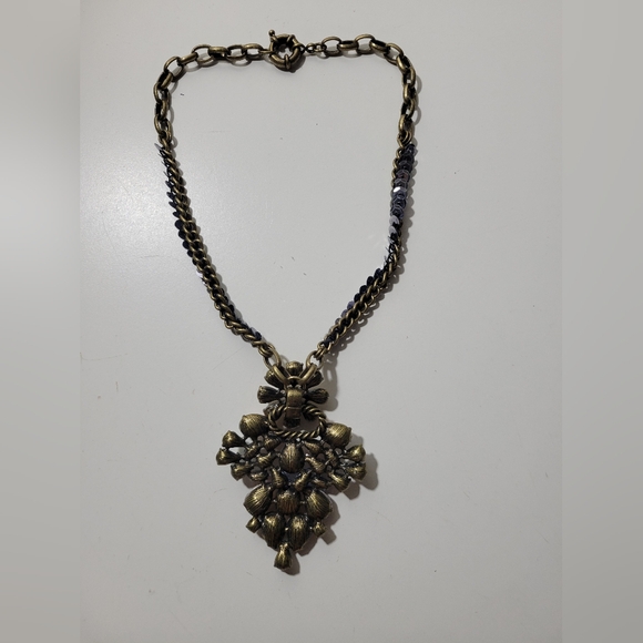Anthropologie Holiday New Glinted Petal Tasso Necklace Sequins Brown Blue - Picture 3 of 6